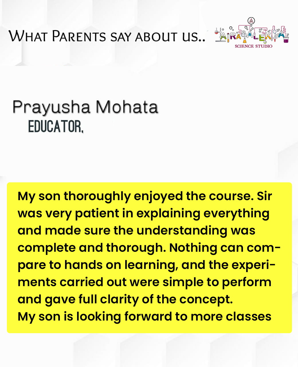 Testimonials | Aira & Alekhya Science Studio